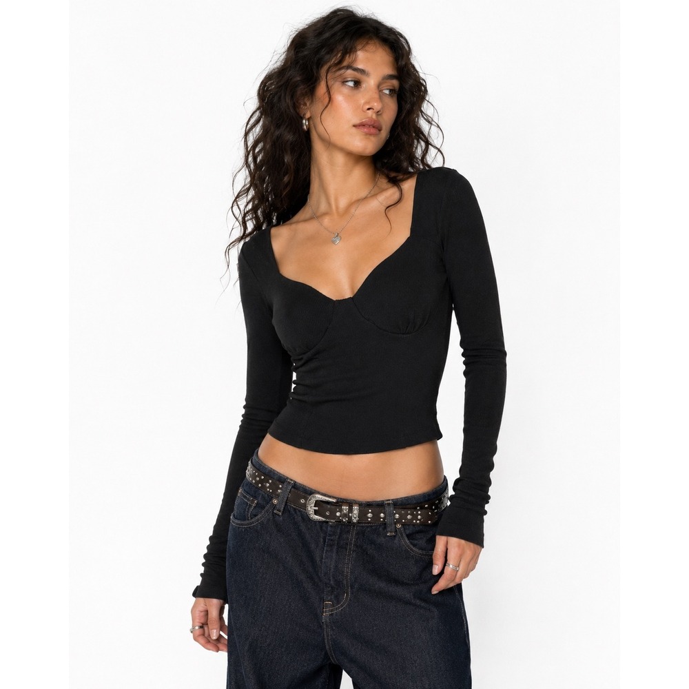 Brave Soul London Bustier Ribbed Top Black Sweetheart Long Sleeve Crop M NEW